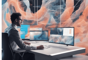A compelling image of a marketer seated at a desk with abstract AI-generated visuals floating around the screen.